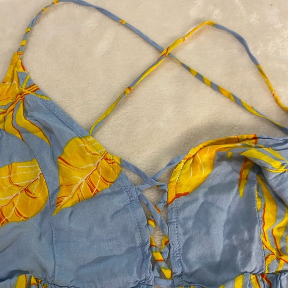 Molly Green Blue Yellow Tropical Floral Ruffle Triangle Top 100% Rayon Women's M - Picture 9 of 12